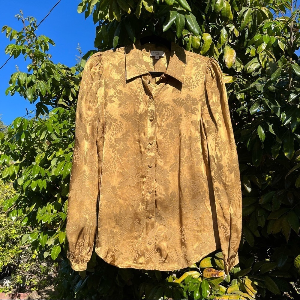 Camila Coelho gold satin floral print button down blouse